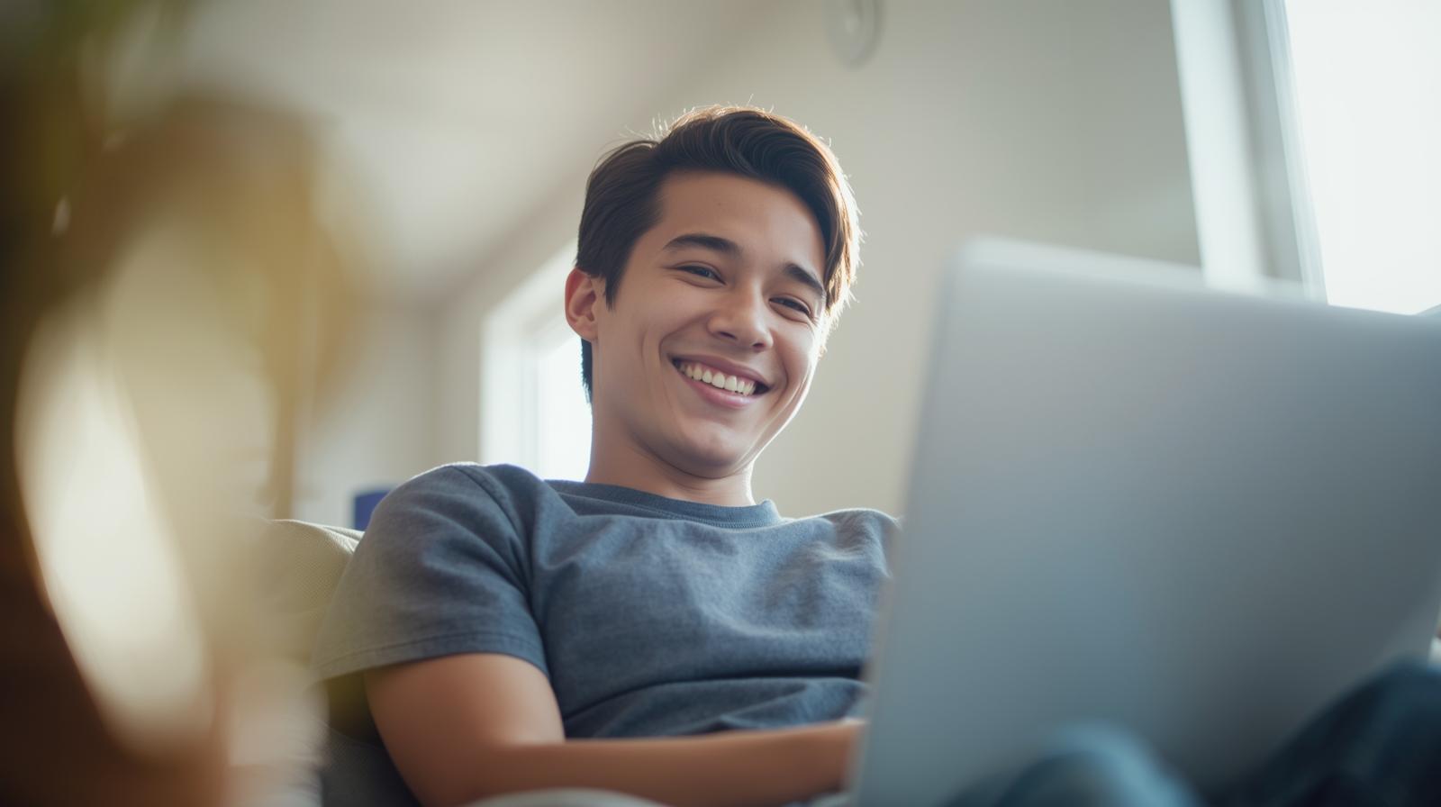 Live Dealer Blackjack and RNG Blackjack Compared as Player Preferences Redefine Online Casino Entertainment Smiling person playing online blackjack on laptop at home in bright daylight setting - Live Dealer Blackjack and RNG Blackjack Compared as Player Preferences Redefine Online Casino Entertainment