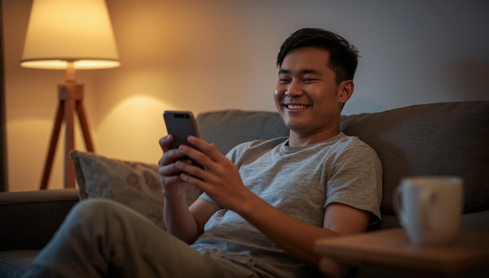 Smiling young man relaxes at home enjoying casual evening entertainment on his smartphone - Winbox Reshapes How Malaysians Experience Live Casino Entertainment