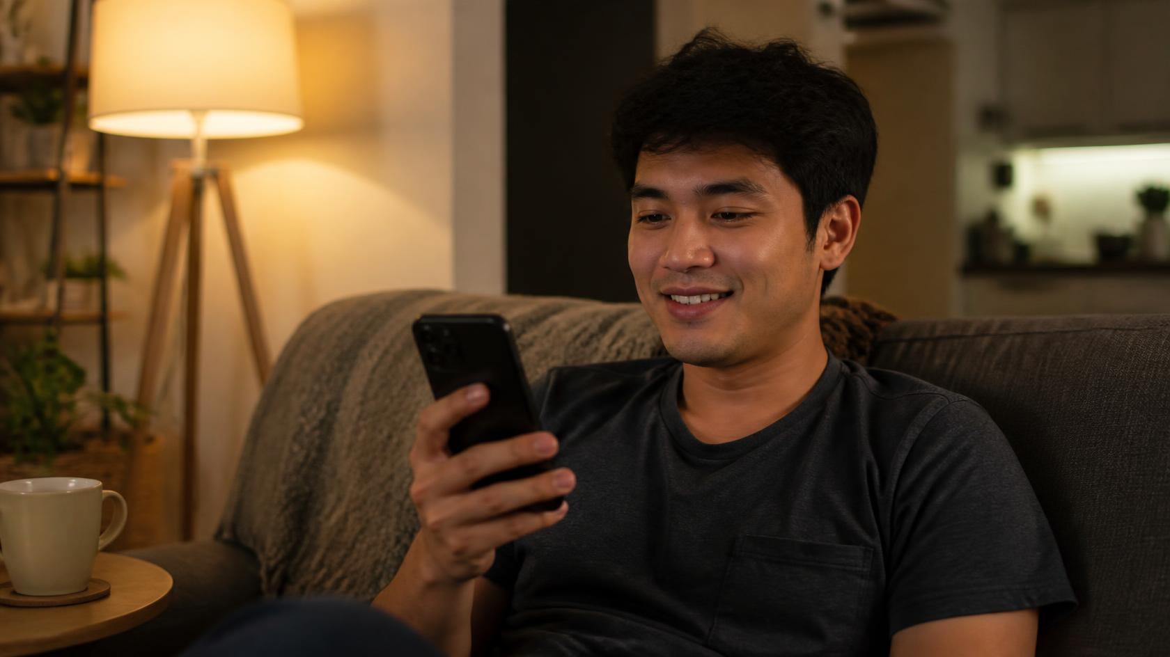 MZPlay app Brings the Joy Back Into Casual Online Gambling Man smiles softly on couch relaxed evening light casually holding phone for entertainment - MZPlay app Brings the Joy Back Into Casual Online Gambling